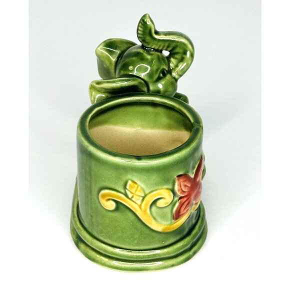 Vintage Baby Elephant Planter Small Trunk Up Ceramic Green Pink Yellow 4x3x4” - Picture 4 of 10